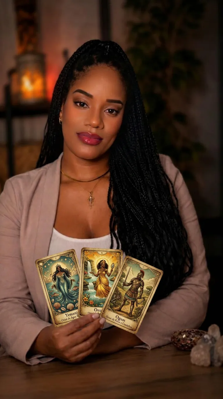 Kátia Nayole a segurar cartas do Tarot dos Orixás: Yemanjá, Oxum e Ogum