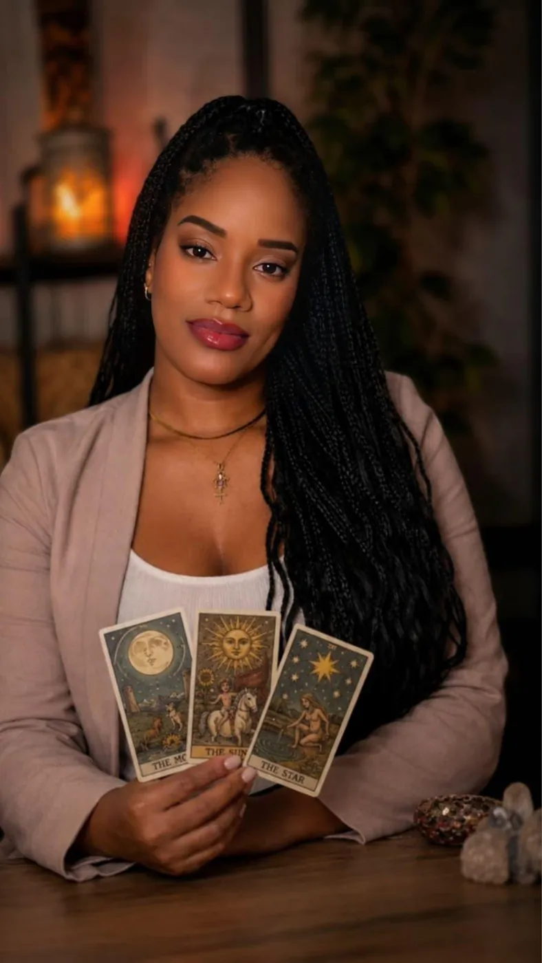 Katya Nayole a segurar três cartas de Tarot: A Lua, O Sol e A Estrela
