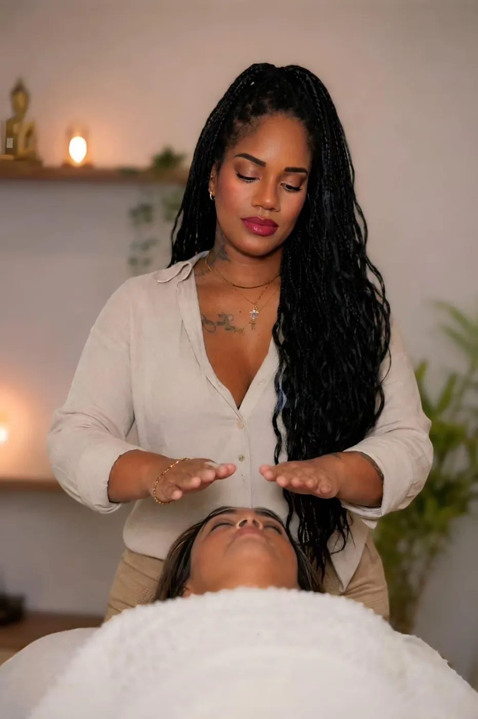 Katya Nayole a aplicar Reiki Usui Tibetano e Kahuna sobre uma cliente, com as mãos suspensas acima do corpo